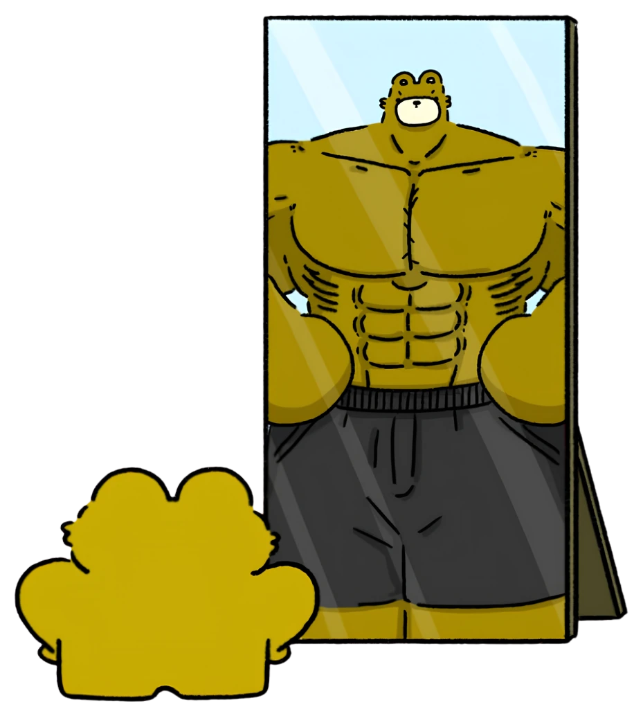 GomGom flexing shirtless in a gym mirror, muscular and confident